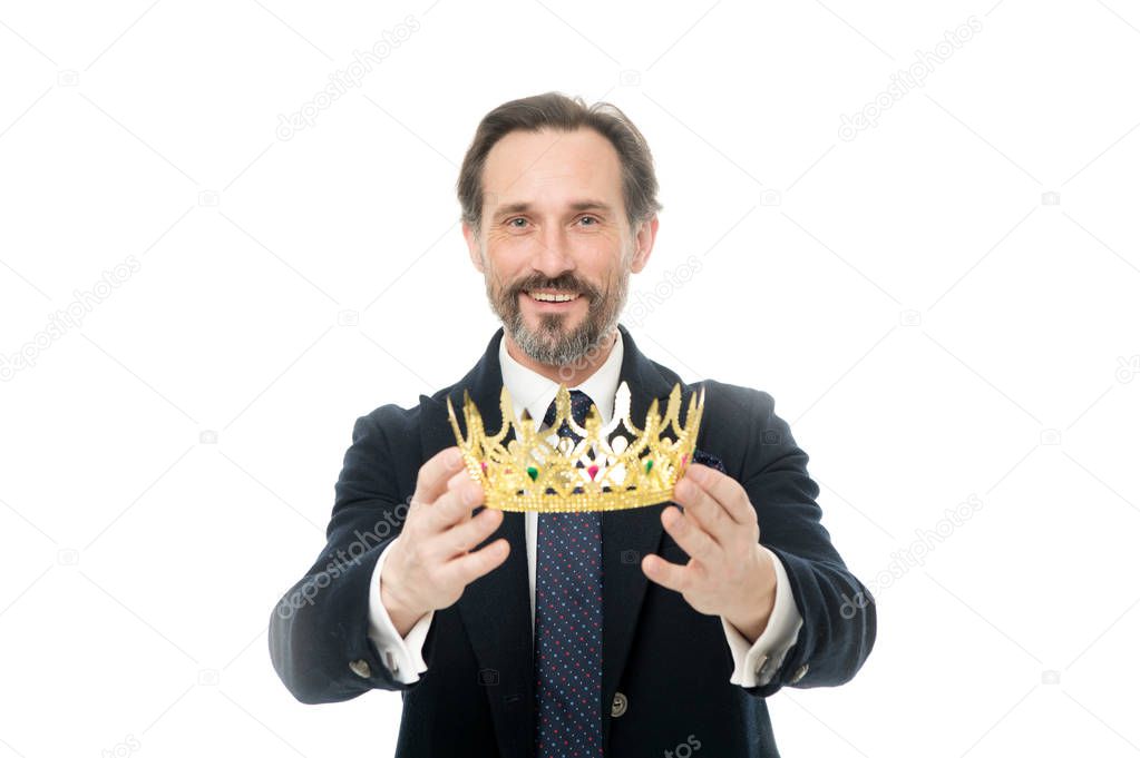 Become king ceremony. King attribute. Become next king. Monarchy family traditions. Man nature bearded guy in suit hold golden crown symbol of monarchy. Direct line to throne. Enormous privilege.