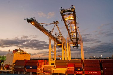 Miami, Amerika Birleşik Devletleri - 01 Mart 2016: Vinçler ve kargo konteyner liman yığılmış. Konteyner bağlantı noktası veya terminal gece aydınlatma ile. Nakliye ve teslimat malların. Ticaret ve gümrük kavramı