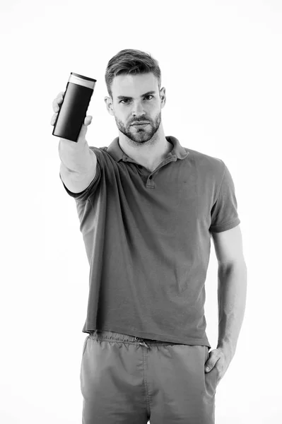 Guy handsome use popular cosmetic or hygienic shampoo product. Man show his favorite shampoo conditioner for hair. Guy satisfied with this shampoo. Man bearded stylish hold plastic shampoo bottle — Stock Photo, Image