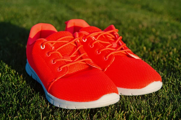 Run the life Sneakers on green grass. Pair of sneakers on sunny outdoor. Sport shoes of orange fabric material on white sole. Fashion style and trend. Sport and active lifestyle