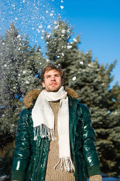 Man on winter holidays. Vacation and traveling. Man. It is cold outside. Forest in snow. Fresh air. Snowy weather. Trendy winter coat. Winter fashion. Warm clothes. Starting new day with fresh air — Stock Photo, Image