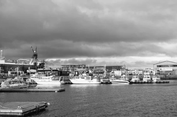 Reykjavik, Izland - 2017. október 13.: Tengeri és part menti terület kilátással a tengerre. Utazás hajóval. Tengerészeti közlekedési szolgálat. Semmi szennyeződés, csak a tengeri környezet megóvása. — Stock Fotó