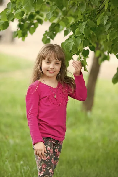 Malá holčička v přírodě stojan pod stromem — Stock fotografie