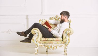 Akıllı kavramı. Maço akıllı kitap ile boş zaman harcıyor. Bilim adamı, Profesör ciddi yüz edebiyat araştırıyor. Sakal ve bıyık oturur koltuk ve okuma kitabı, beyaz duvar arka plan üzerinde olan adam