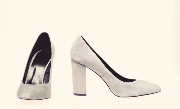 Pár divatos magas sarkú cipők. Az elszigetelt, fehér alapon szürke velúr cipő másolja a hely. Vastag magas sarkú női cipő. Divatos cipők koncepció — Stock Fotó
