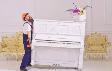 Kurye mobilya, taşıma dışarı, tehcir sunar. Ağır yük kavramı. Sakal işçisi kask ve tulum asansörler yukarı, piyano, beyaz arka plan taşımak için çabaları olan adam. Yükleyici piyano enstrüman taşır
