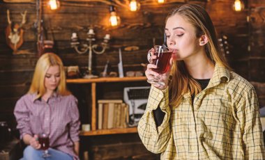 Arkadaşlar sıcak bir atmosferde, ahşap iç mulled şarap tadını çıkarın. Rahatlatıcı ve mulled şarap içme kızlar. Dinlenmek ve rahatlamak kavramı. Rahatlatıcı, defocused kareli giysiler rahat yüzleri üzerinde arkadaşlar