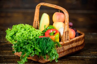 Mükemmel kalite sebze. Kutusu veya sepet hasat sebzeler ahşap arka plan. Taze ev yapımı sebze satın. Bakkal dükkanı kavramı. Sadece bahçeden. Teslimat servisi taze sebze grubu arasında