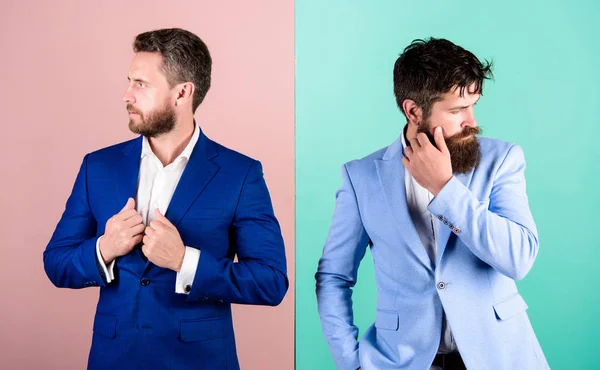 Business partners with bearded faces. Business fashion luxury menswear. Formal outfit for manager. Businessman stylish appearance jacket pink blue background. Business people fashion and formal style