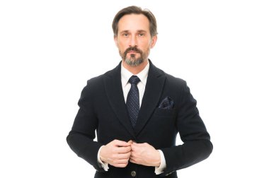 Ismarlama takım elbise her takan yağ çekme. Takım elbise beyler güven duygusu aşılamak. Adam yakışıklı emin olgun moda model beyaz arka plan üzerinde şık takım elbise giymek. Takım elbiseni accessorize yolları