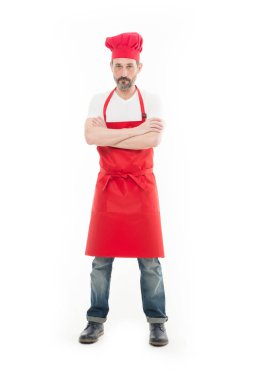 Yemek için bilinir. Önlük ve Şef şapkasını sakallı olgun adam. Üst düzey aşçı sakal ve bıyık önlük önlük giyiyor. Kırmızı önlük pişirme olgun şef aşçı. Ev yemekleri