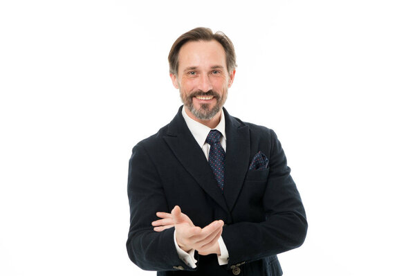 Man handsome mature fashion model wear fashionable suit on white background. Bespoke suit flatters every wearer. Suit imbue sense of confidence of gentlemen. Perfect suit for every type of guy