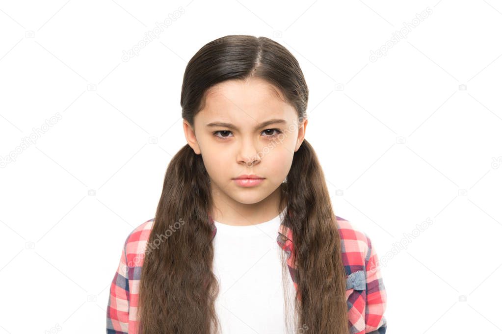 Kid girl suspect you. Brutal revenge. Unhappy child hateful glance. Someone deserve punishment revenge. Latent aggression concept. Aggression and harmful feelings. Offended kid dream about revenge