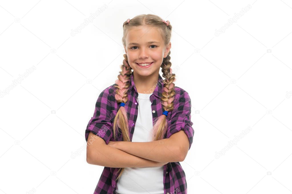 Child little girl colorful braids fashionable hairstyle isolated white. Teenage fashion concept. Fashionable hairstyle. Casual style fashion. Girl confidently crossed arms on chest. Fashion trend