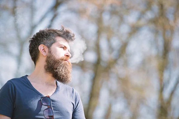 Homem com barba e bigode no rosto calmo, ramos no fundo, desfocado. Conceito de relaxamento. Homem com barba longa e nuvens de fumaça parece relaxado. Homem barbudo fuma vape no dia ensolarado — Fotografia de Stock