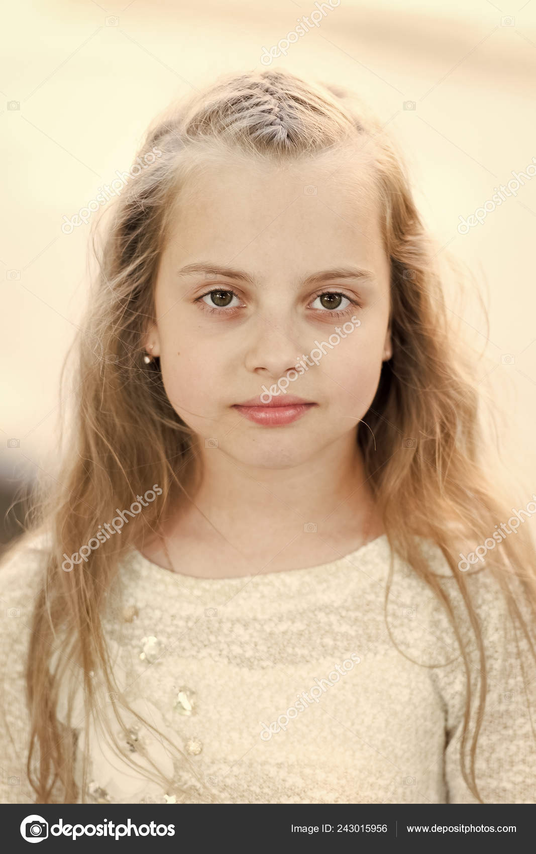 Girl With Long Hair On Calm Face Light Background Kid Girl