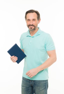 Yararlı bilgiler. Kendi eğitim. Ana sayfa eğitim ve kendini geliştirme. Yetişkin eğitimi. Asla çok geç çalışmaya. Adam tutun kitap beyaz arka plan sakallı. Hobi olarak okuma. Daha fazla bilgi
