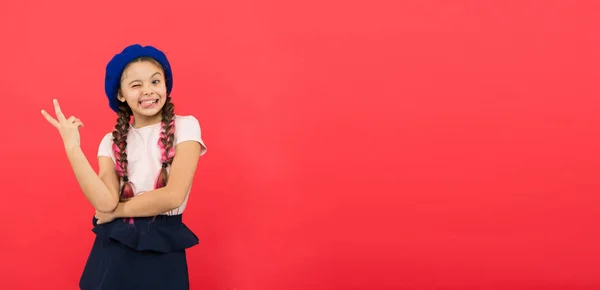 Sólo me divierto. Vacaciones de verano. Niña pequeña linda chica de moda posando con trenzas largas y sombrero fondo rojo. Niño niña pequeña feliz bebé sonriente. Feliz infancia. Publicidad niño feliz espacio de copia —  Fotos de Stock