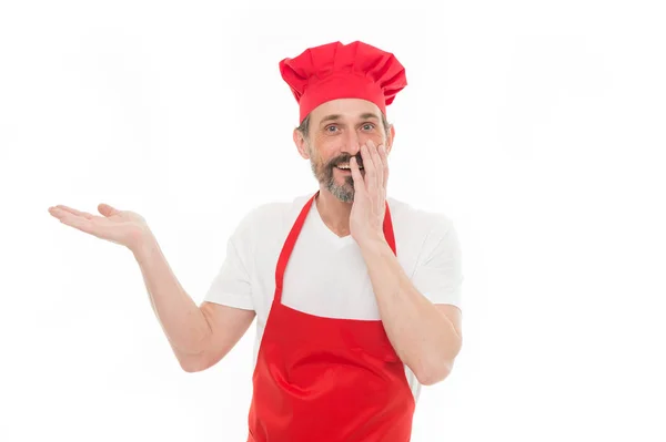 Uniforme para cozinhar. Chef no restaurante. Cozinhar é o meu hobby. Aprende a cozinhar. Bem-vindo à minha cozinha. Conceito de menu atual. Maduro bonito homem branco fundo. Cozinhar como profissão profissional — Fotografia de Stock