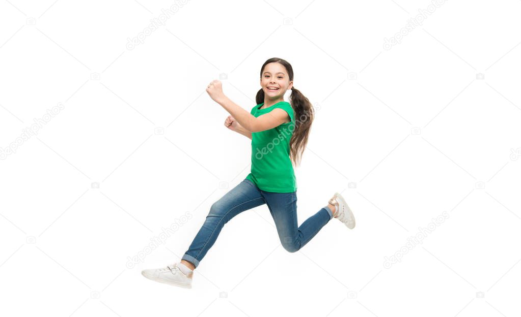 Active game for children. Kid captured in motion. How raise active kid. Free and full of energy. Rules to keep kids active. Girl cute child with long hair feeling awesome active. Leisure and activity