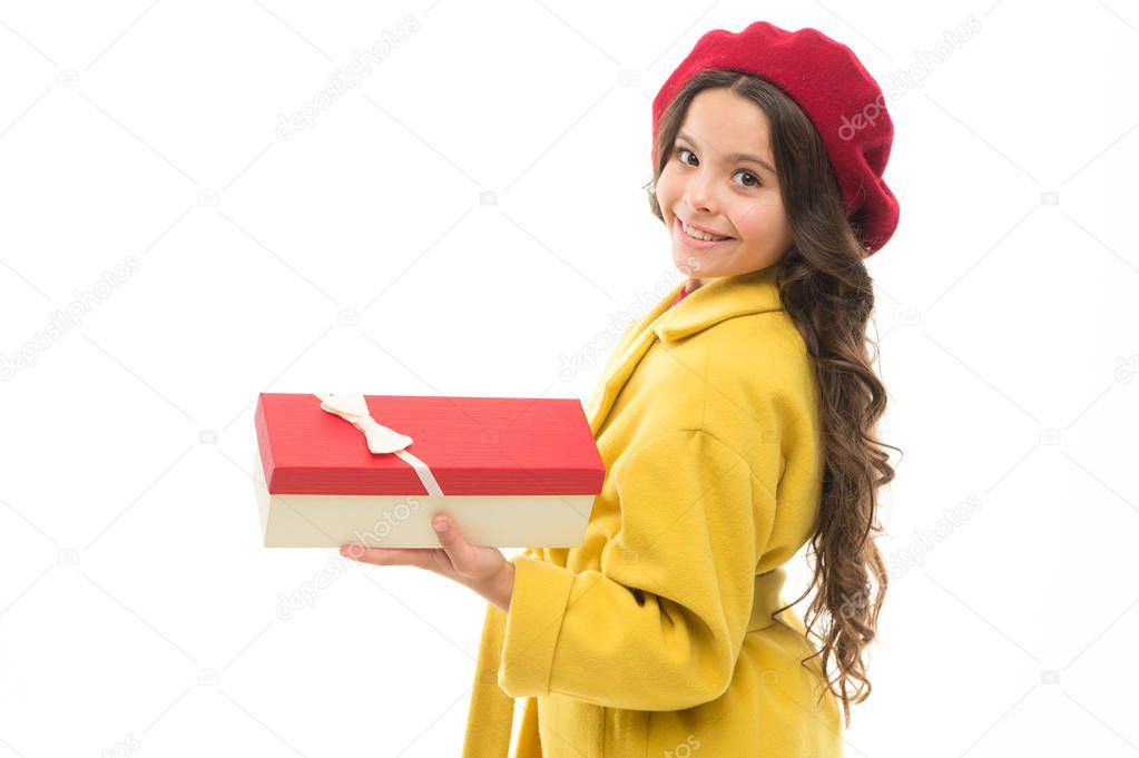 Birthday shopping. Every girl dream about such surprise. Birthday girl carry present with ribbon bow. Birthday wish list. Visit fashion store to choose gift. Girl happy kid hold birthday gift box