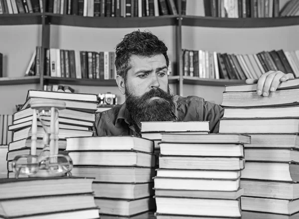 Kazık kavramı. Öğretmen ya da öğrenci sakallı defocused kitaplar ile masada oturur. Adam Kitaplığı'nda, eğitim sırasında kitaplar, kitap rafı arka plan üzerinde yığınları arasında umutlu yüzünde