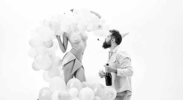 Man bearded bachelor celebrate with nude strip dancer girl. Organizing bachelor party. Balloons festive party attributes. Strip dance amazing private party. Step guide how plan bachelor party — Stock Photo, Image