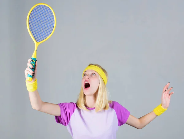 Girl fit slim blonde play tennis. Active lifestyle. Woman hold tennis racket in hand. Tennis club concept. Sport for maintaining health. Tennis sport and entertainment. Active leisure and hobby — Stock Photo, Image