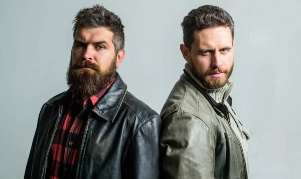 Feel confident in brutal leather clothes. Brutal men wear leather jackets. Men brutal bearded hipster. Handsome stylish and cool. Masculine and brutal friends. Bully team. Masculinity and brutality — Stock Photo, Image