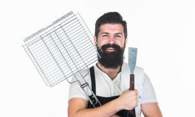 Kavurma ve yemek ızgara. Sakallı hippi giyim önlük Barbekü için. Et pişirme ipuçları. Açık havada et kavurma için araçları. Nasıl et biftek ve barbekü için seçin. Barbekü menüsü. Piknik ve Barbekü