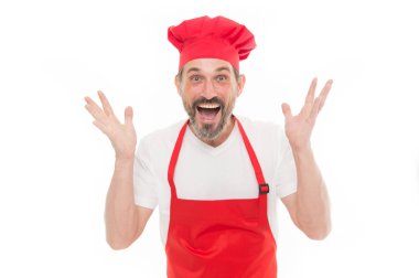 Mutfak ilham. Olgun yakışıklı adam beyaz arka plan. Profesyonel meslek yemek. Yemek pişirmek için üniforma. Restoran şefi. Yemek benim hobi olduğunu. Yemek öğrenin. Benim mutfak için hoş geldiniz