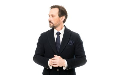 Takım elbise beyler güven duygusu aşılamak. Adam yakışıklı emin olgun moda model beyaz arka plan üzerinde şık takım elbise giymek. Takım elbiseni accessorize için yollar. Ismarlama takım elbise her takan yağ çekme.
