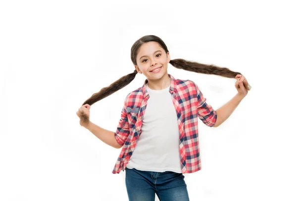 彼女が好きな任意の方法の髪をスタイリングします。美の表情で小さな毛モデル。スタイリッシュなポニーテールの髪型の少女。ブルネットの髪を持つ小さな子供。ロングヘアの美少女。子供のためのヘアサロン — ストック写真