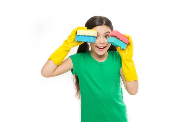 Set of cleaning sponges for her needs. Little housemaid ready for household help. Cleaning and washing up. Small housekeeper holding dish sponges in rubber gloves. Cute kitchen maid. Household duties — Stock Photo, Image
