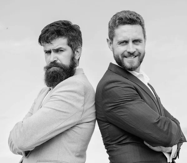 Business people concept. Bearded business people posing confidently. Perfect in every detail. Business men stand blue sky background. Well groomed appearance improves business reputation entrepreneur — Stock Photo, Image
