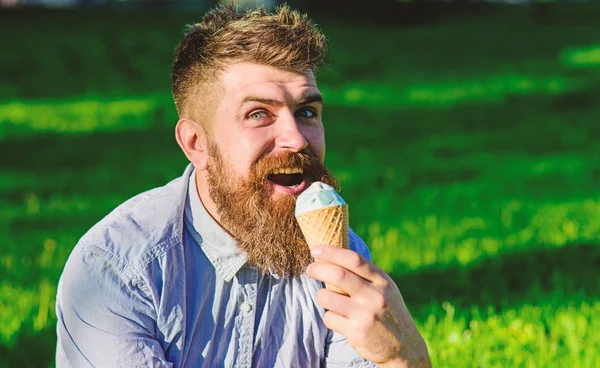 Bearded man with ice cream cone. Man with beard and mustache on happy face enjoy ice cream, grass on background, defocused. Delicacy concept. Man with long beard eats ice cream, while sits on grass