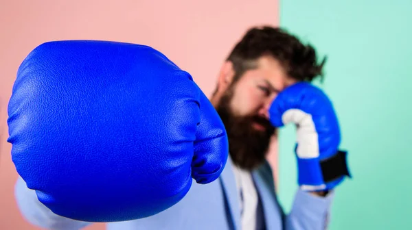 Businessman confident in his skills. Business strategy. Businessman in formal suit ready to attack or defend. Fighting for business success. Strong and powerful. Business as fight on economics arena — Stock Photo, Image