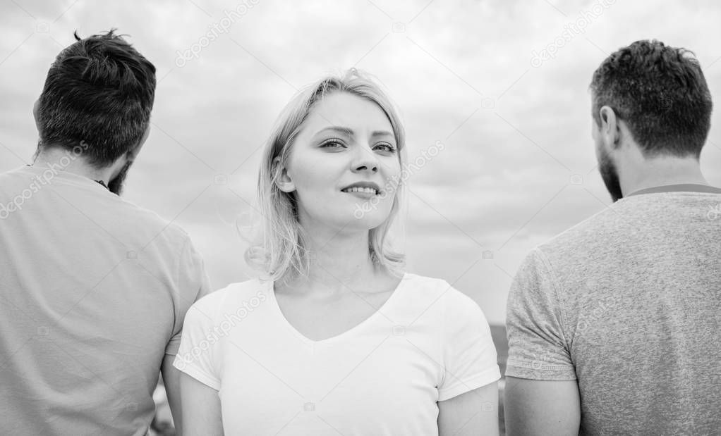 Girl stand in front two faceless men. Best traits of great boyfriend. How to pick better boyfriend. Girl thinking whom she going ask dating. Everything you need to know about choosing right guy