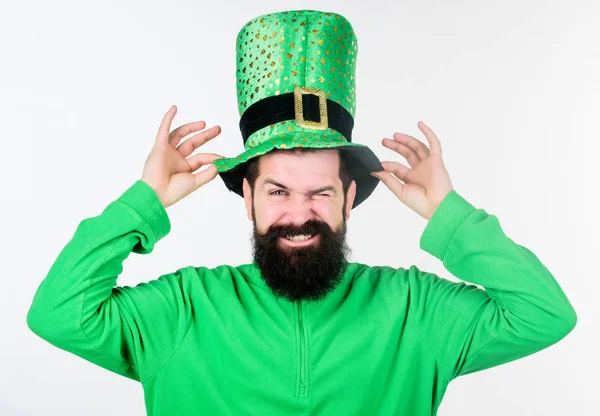 Green color part of celebration. Myth of leprechaun. Happy patricks day. Man bearded hipster wear green clothing and hat patricks day. Global celebration of irish culture. Saint patricks day holiday — Stock Photo, Image