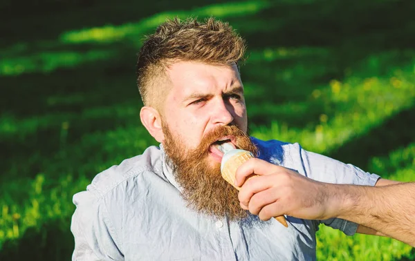 アイス クリーム コーンのひげを生やした男。長いひげを持つ男は、草の上に座っている中のアイスクリームを食べる。ひげと口ひげをつけた厳格な顔なめアイス クリーム、背景には、デフォーカスの草を持つ男。繊細さの概念 — ストック写真