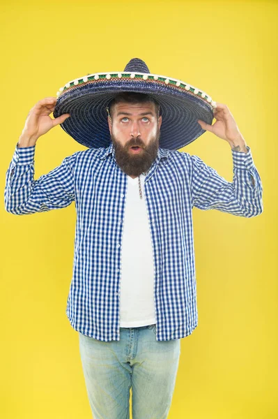 Celebrate mexican holiday. Mexican bearded guy ready to celebrate. Customs and traditions. Man wear sombrero mexican hat. Vacation travel festival and holidays. Join fest. Mexican culture concept