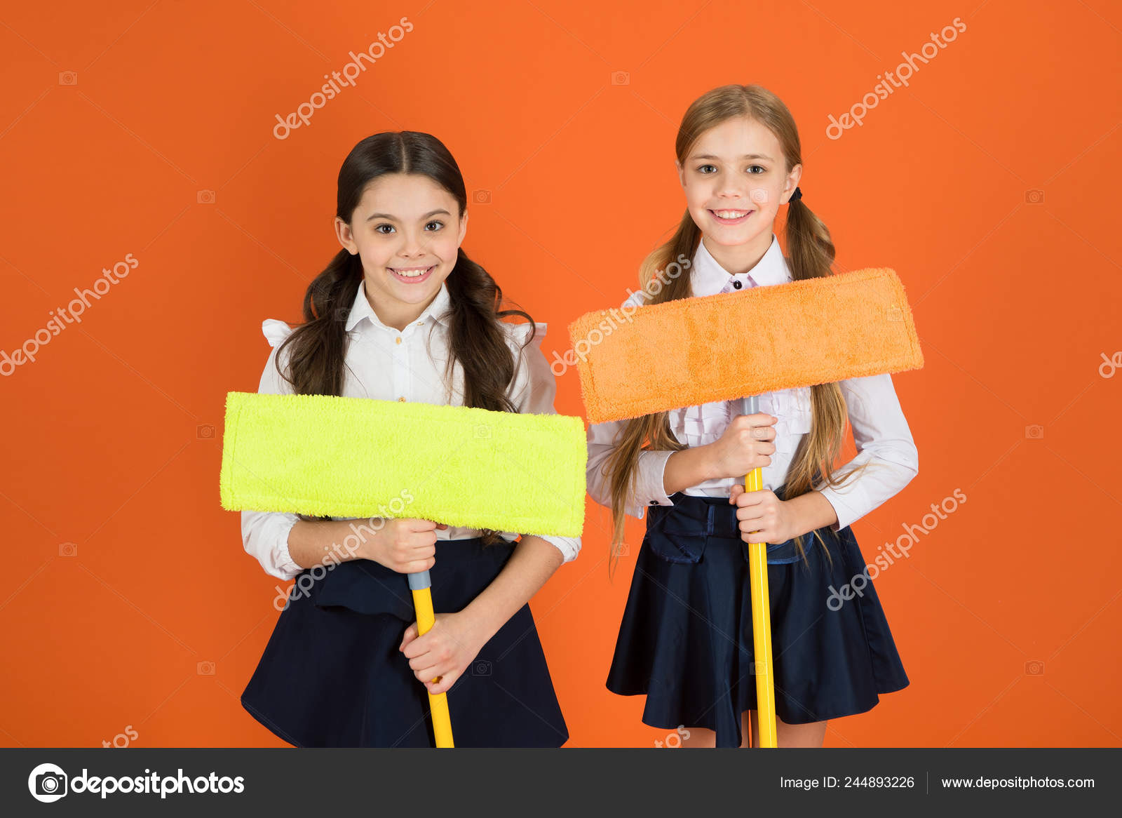 We are on duty today. Pupil cleaning classroom. Nice and tidy. Schoolgirls  mop ready for cleaning., image size:1600x1166