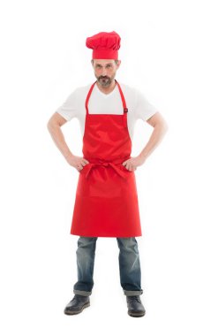 Önlük adam. Emin Olgun yakışıklı adam beyaz arka plan. Profesyonel meslek yemek. Yemek pişirmek için üniforma. Restoran şefi. Yemek benim hobi olduğunu. Yemek öğrenin. Benim mutfak için hoş geldiniz