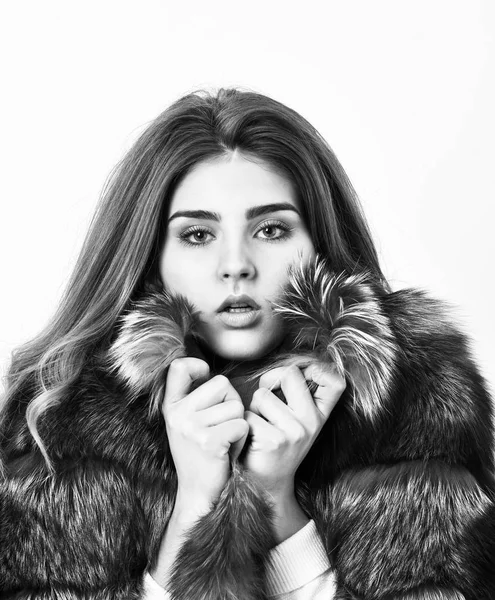 Kvinna makeup och frisyr poserar mink eller sable päls. Elit lyx vinterkläder. Kvinnliga brun päls. Päls butik modell Njut av varma i mjuka fluffiga kappa med krage. Fur fashion-konceptet — Stockfoto