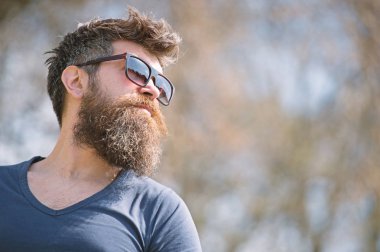 Sakallı adam güneş gözlüğü takıyor. Sakal ve bıyık yüzündeki defocused sıkı, Doğa arka plan, hippi. Sakallı güneşli günde şık ve kendinden emin görünüyor. Moda ve stil kavramı