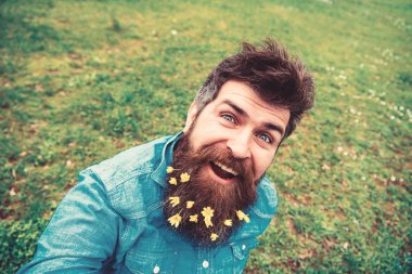 Hipster mutlu yüz defocused çimenlerin üzerinde oturur. Sakallı bahar, yeşil çayır arka plan sahiptir. Küçük kırlangıçotu çiçeklerle selfie fotoğrafta sakallı adam. Doğal güzellik kavramı