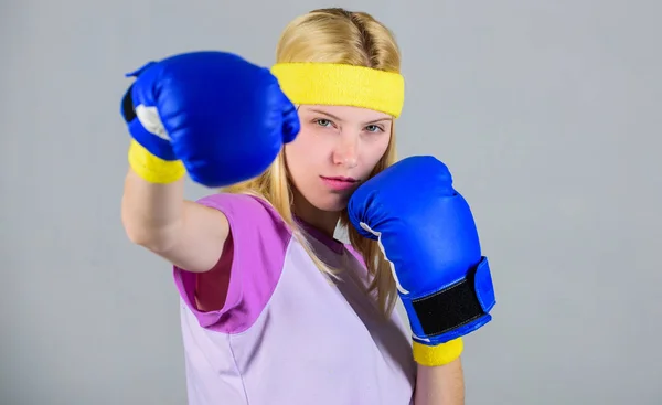 Woman exercising with boxing gloves. Boxing sport concept. Cardio boxing exercises to lose weight. Girl learn how defend herself. Femininity and strength balance. Woman boxing gloves enjoy workout — Stock Photo, Image
