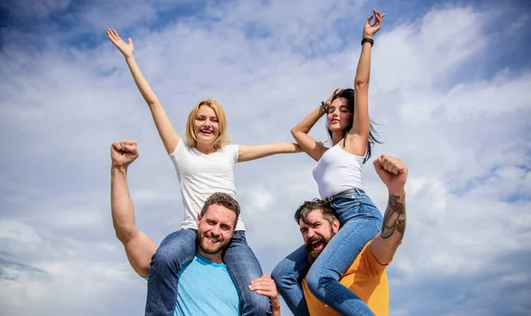 Feel freedom. Cheerful couples dancing. Friends having fun summer open air festival. Men and women enjoy music festival. Visit famous festival during vacation. Happiness and joy. Rock music festival — Stock Photo, Image