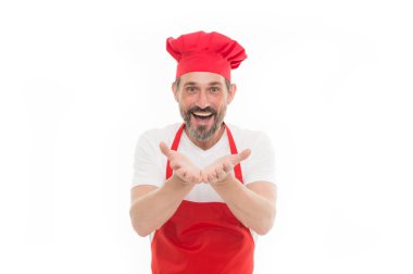 Olgun yakışıklı adam beyaz arka plan. Profesyonel meslek yemek. Yemek pişirmek için üniforma. Restoran şefi. Yemek benim hobi olduğunu. Yemek öğrenin. Benim mutfak için hoş geldiniz. Mutfak ilham