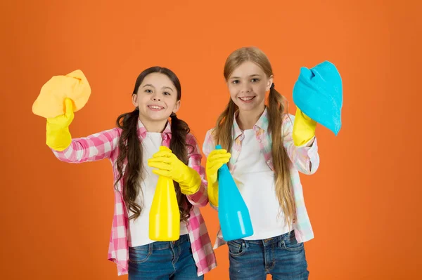 Crianças a limpar juntas. Bem arrumado. Meninas com spray de névoa e pano pronto para a limpeza. Deveres domésticos. Ajudante. Meninas crianças bonitos adoram limpar ao redor. Mantém-no limpo. Estamos de serviço hoje. — Fotografia de Stock